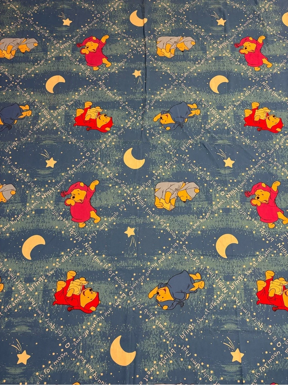 Winnie the Pooh Vintage Disney Blue Twin Flat Sheet Bedtime Nighttime Moon Stars